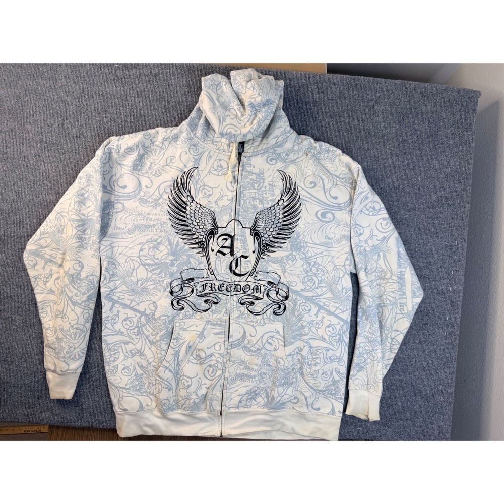 American Chopper Hoodie 2XL White Blue Y2K Graphic Zip Up Sweatshirt‎ Biker Mens